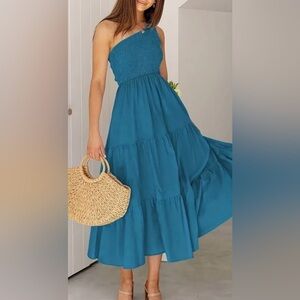 Kirundo Blue One Shoulder Smocked Tiered  Midi Sleeveless Dress 👗